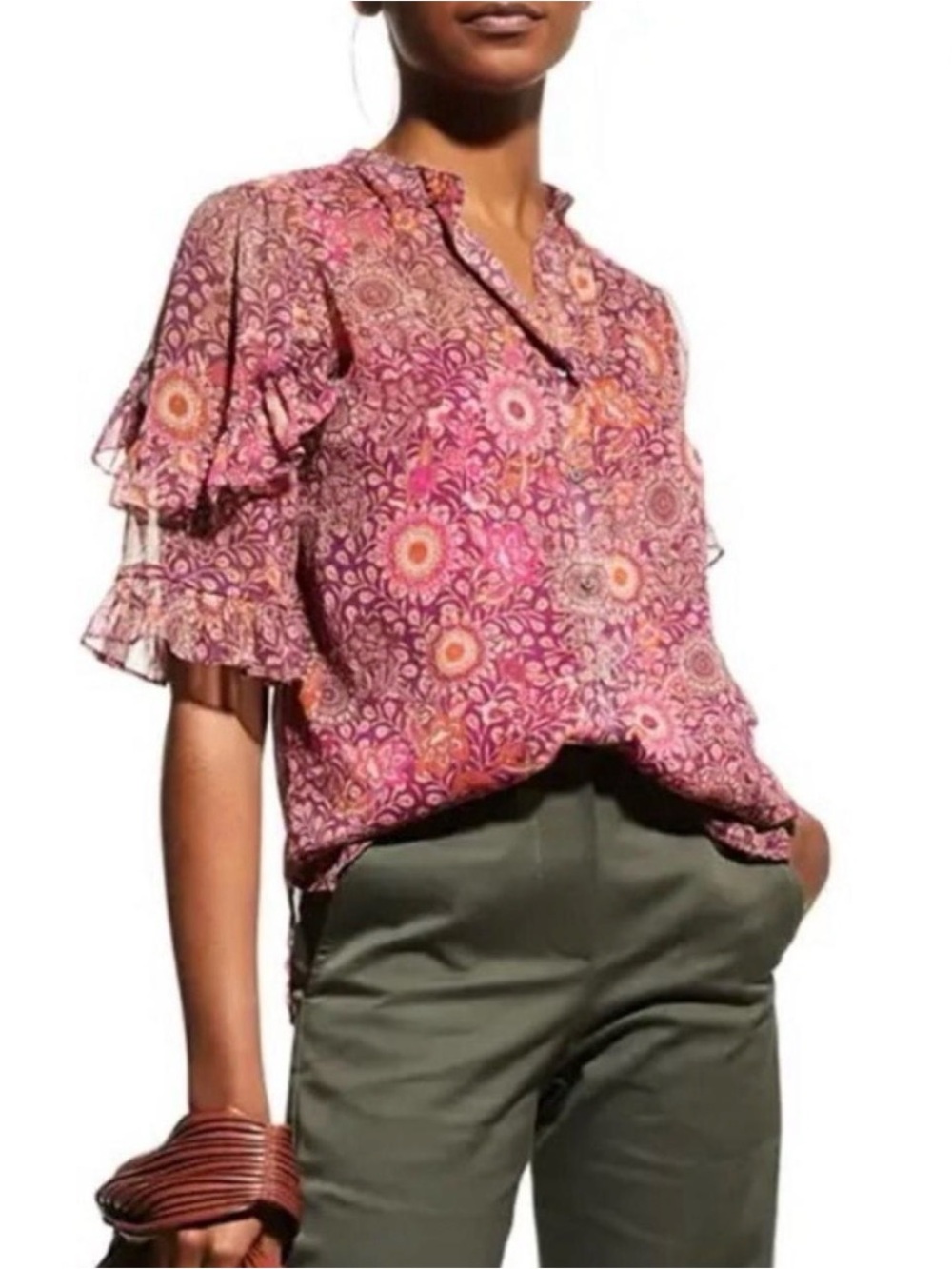 Johnny Was Pink Multi Floral Ruffle Sleeve Blouse